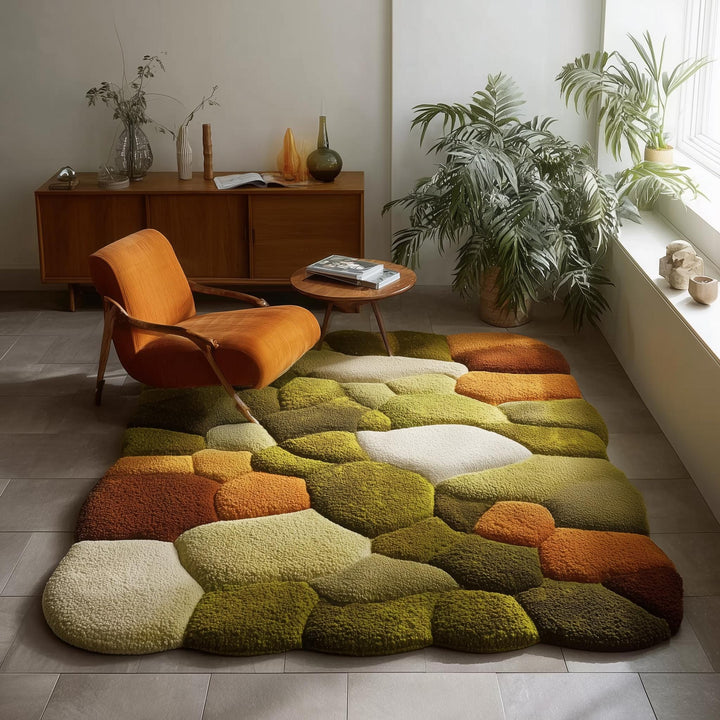 Translation missing: en.Hand tufted pebble rug in moss green and burnt orange with textured high pile design