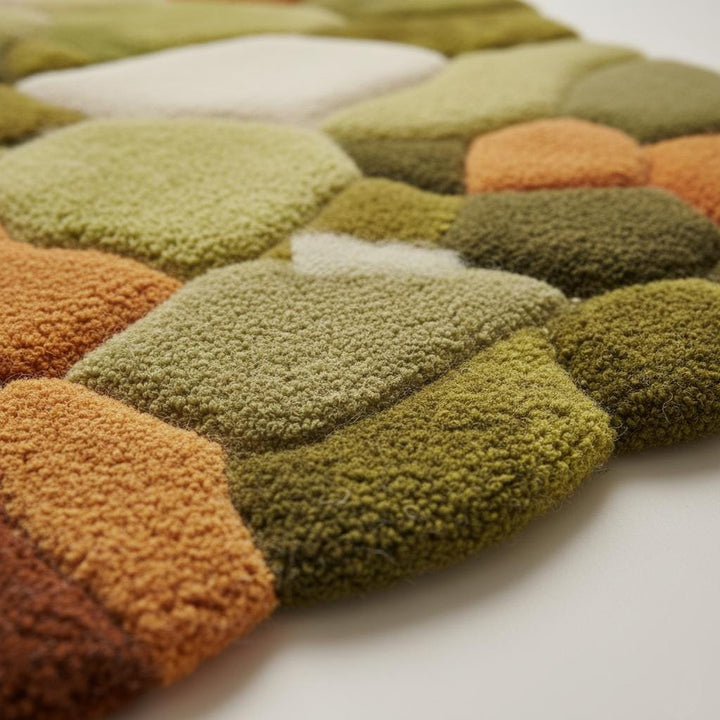 Translation missing: en.Hand tufted pebble rug in moss green and burnt orange with textured high pile and boho mid-century design