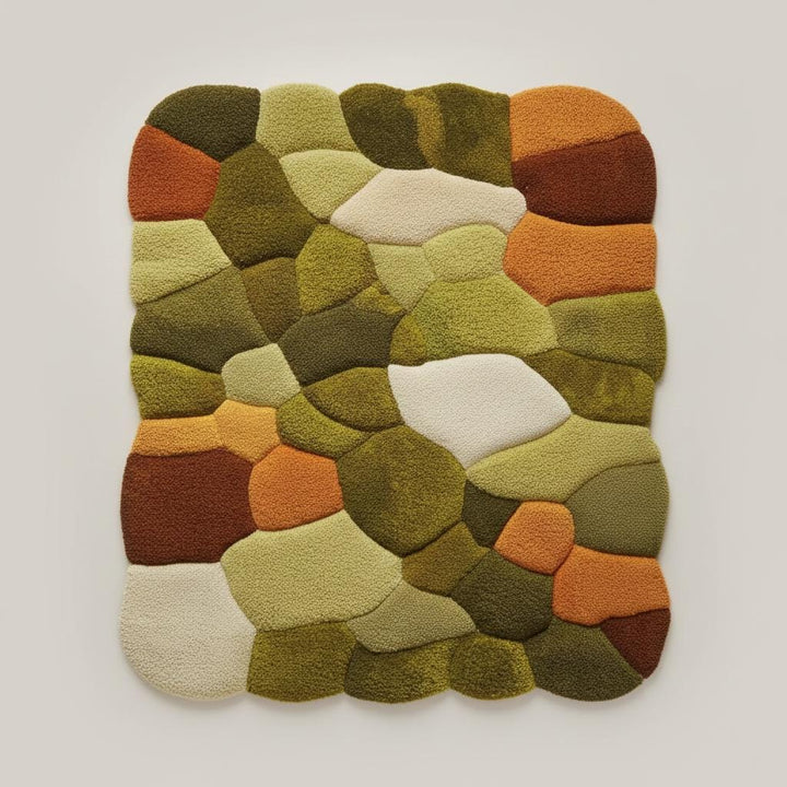 Translation missing: en.Hand tufted pebble rug in moss green and burnt orange with textured high pile, boho mid-century style carpet