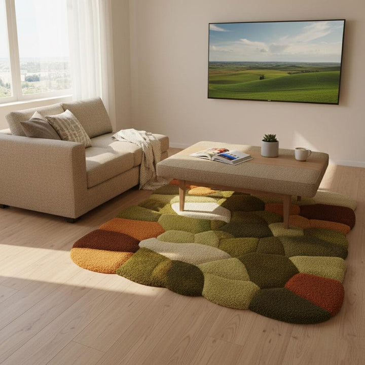 Translation missing: en.Hand tufted rug with moss green and burnt orange pebble texture, boho mid-century style carpet