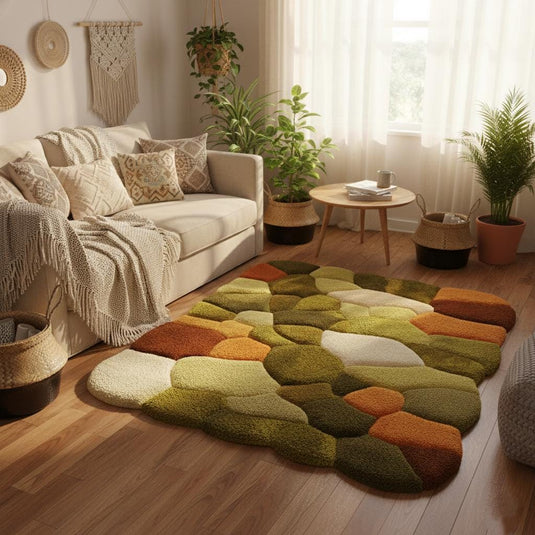 Translation missing: en.Hand tufted pebble rug in moss green, burnt orange, and cream with textured high pile for boho mid-century decor