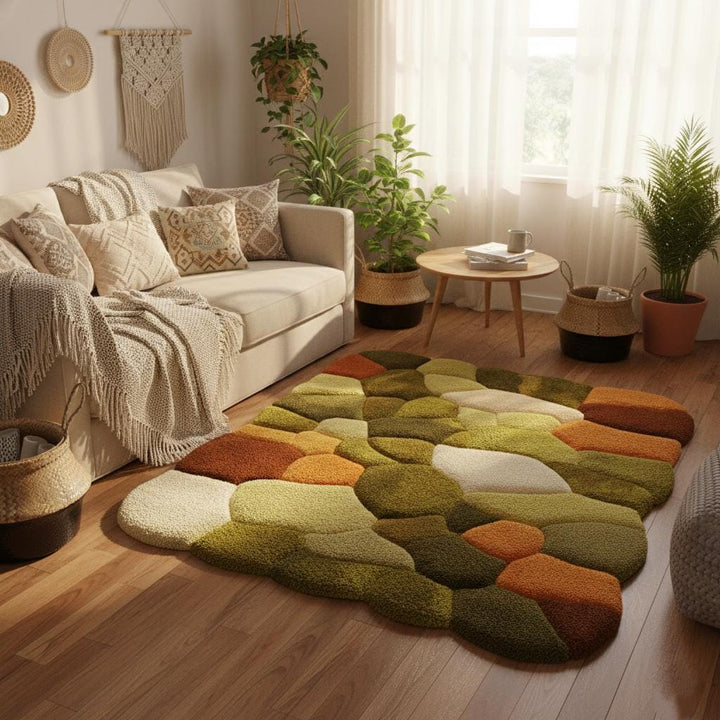 Translation missing: en.Hand tufted pebble rug in moss green, burnt orange, and cream with textured high pile for boho mid-century decor