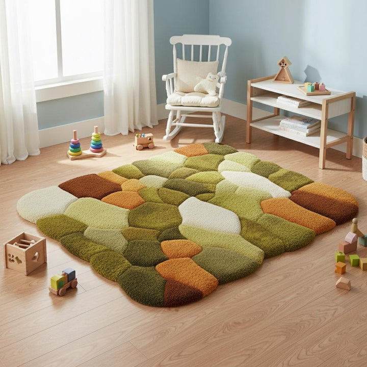 Translation missing: en.Hand tufted pebble rug in moss green and burnt orange with textured high pile for boho mid-century decor