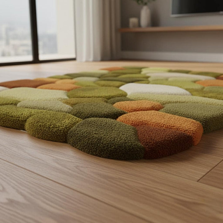 Translation missing: en.Hand tufted pebble rug in moss green and burnt orange with textured high pile and boho mid-century style