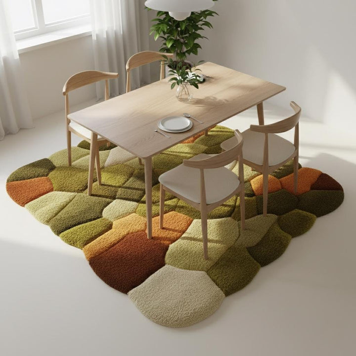 Translation missing: en.Hand tufted pebble rug in moss green and burnt orange with textured high pile and mid-century boho style