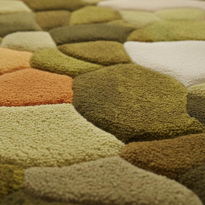 Translation missing: en.Hand tufted pebble rug in moss green and burnt orange with textured high pile for boho mid-century decor