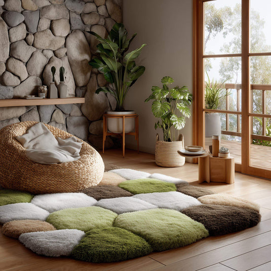Translation missing: en.Hand-tufted wool rug with irregular organic shape and earth tone palette, featuring dense pile and multi-level texture for durability and style