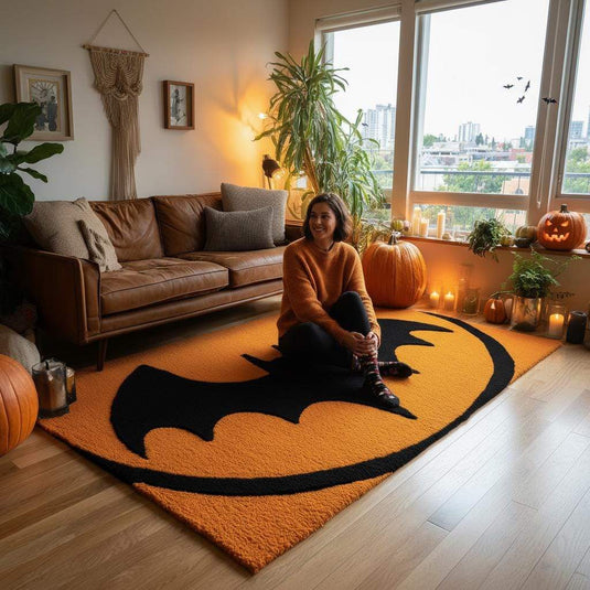 Translation missing: en.Hand-Tufted Wool Bat Rug: Halloween Gothic Decor, Orange &amp; Black