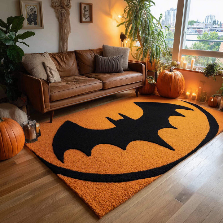 Translation missing: en.Hand-Tufted Wool Bat Rug: Halloween Gothic Decor, Orange &amp; Black