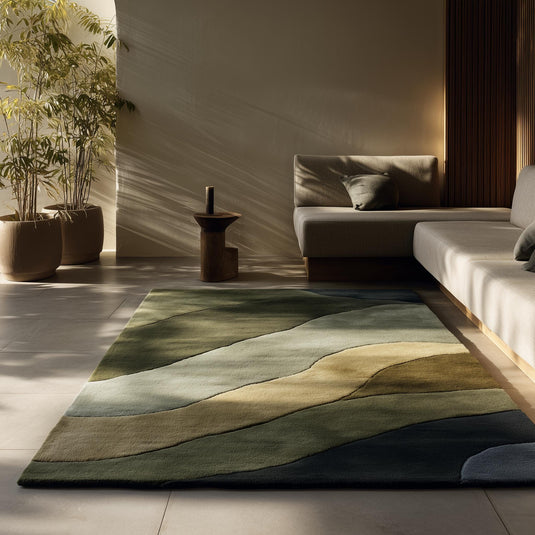 Translation missing: en.Hand tufted wool rug with abstract landscape design in earthy green tones for modern Scandinavian and Japandi interiors