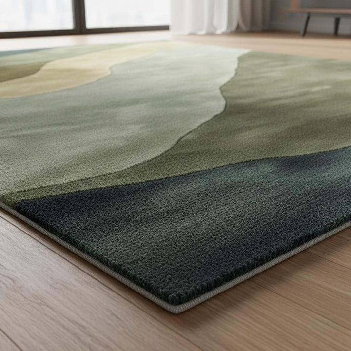 Translation missing: en.Hand tufted wool rug with abstract landscape design in forest green and earth tones