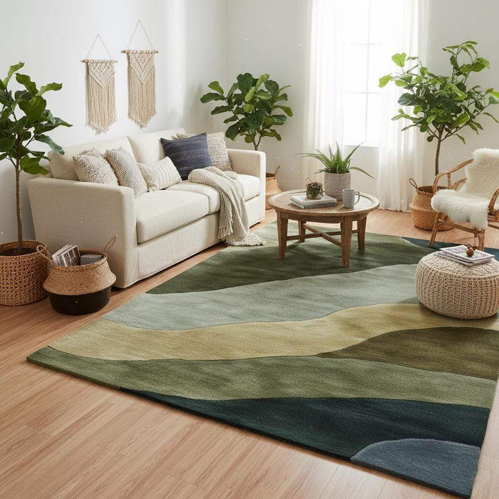 Translation missing: en.Hand tufted wool rug with abstract landscape design in earthy greens and blues, eco-friendly and soft for modern living spaces