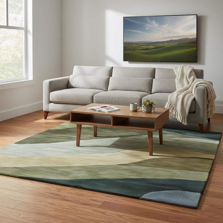 Translation missing: en.Hand tufted wool rug with abstract landscape design in earthy green tones for modern living spaces