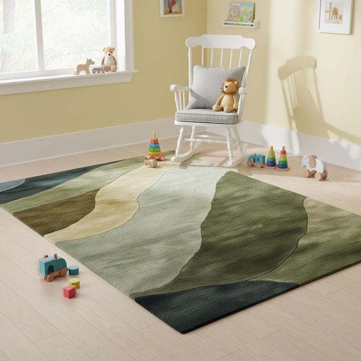 Translation missing: en.Hand tufted wool rug with abstract landscape design in earthy green tones for modern Scandinavian and Japandi interiors