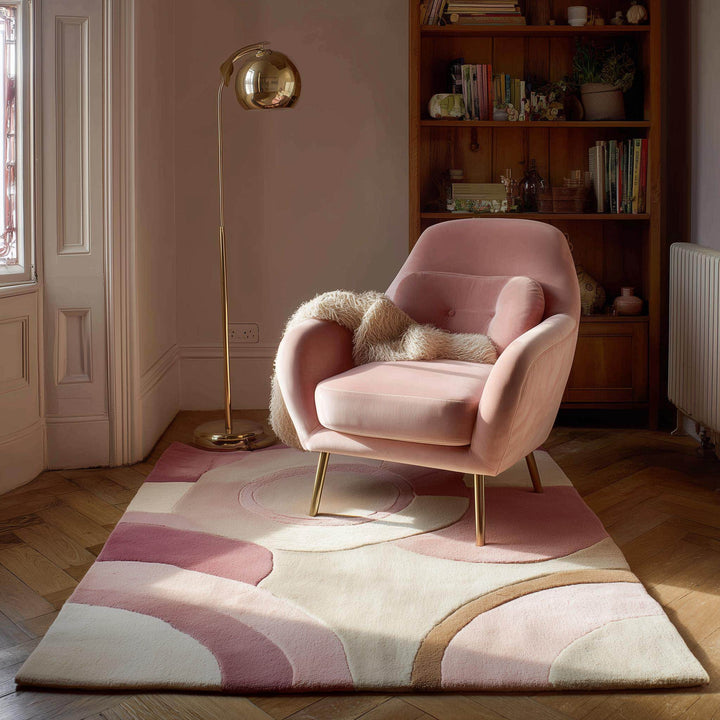 Translation missing: en.Hand-tufted pastel pink wool rug with art deco geometric design and cozy texture