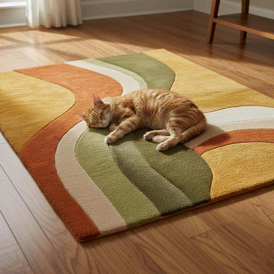 Translation missing: es.Hand-tufted wool rug with retro abstract design featuring sculptural organic curves and warm earthy colors