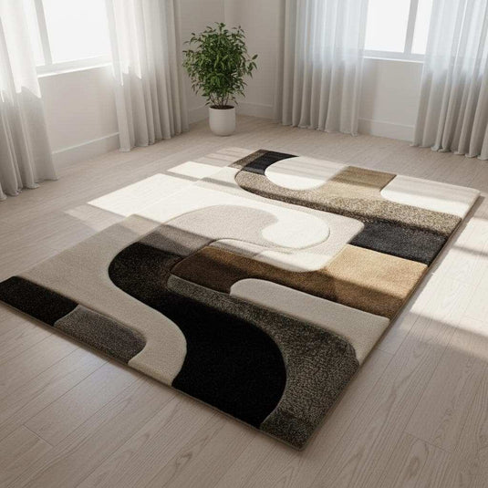 Translation missing: en.Hand tufted wool rug with abstract geometric black and ivory design and high-low texture