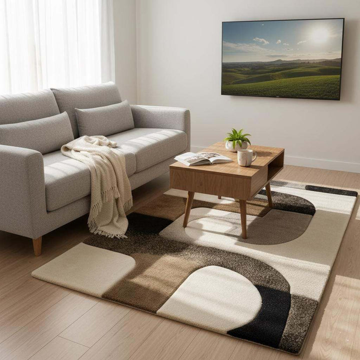Translation missing: en.Hand tufted wool rug with abstract black geometric design on ivory background and high-low texture