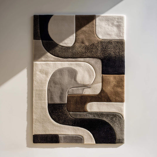 Translation missing: en.Hand tufted wool rug with abstract black geometric design on ivory background and plush high-low texture