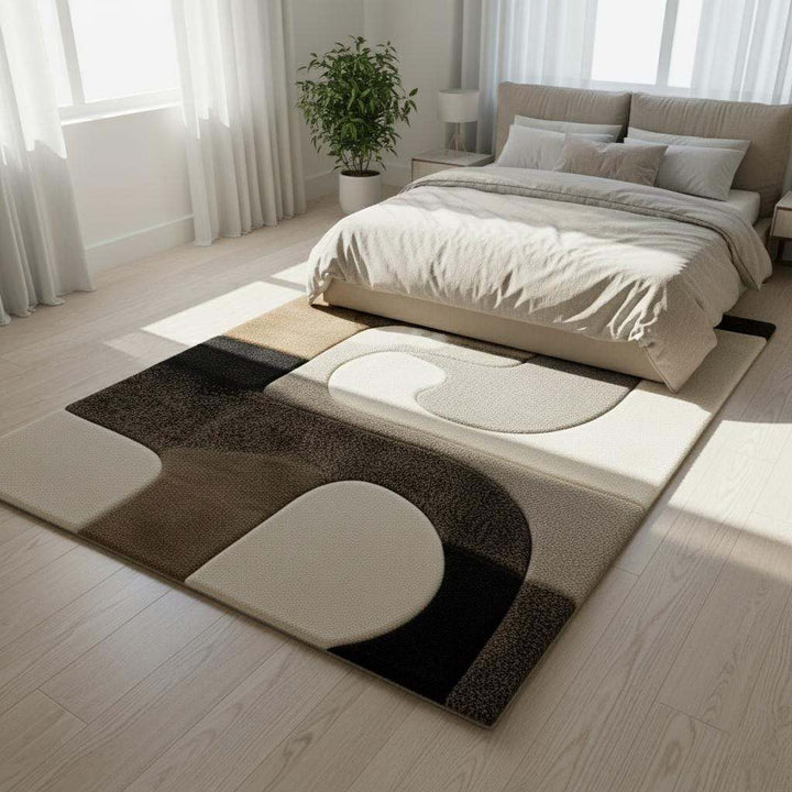 Translation missing: en.Hand tufted wool rug with abstract black geometric design on ivory background, plush high-low texture, and custom size options