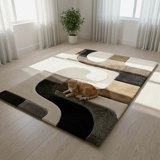 Translation missing: en.Hand tufted wool rug with abstract black geometric design on ivory background and high-low texture