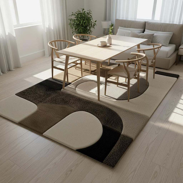 Translation missing: en.Hand tufted wool rug with abstract black geometric design on ivory background, durable and plush textured floor art