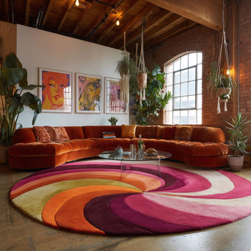 Translation missing: es.Hand-tufted round wool rug with vibrant retro swirl in pink, magenta, and orange colors