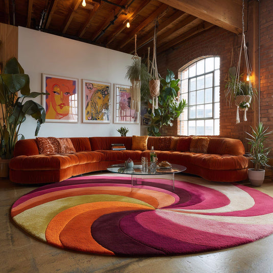 Translation missing: es.Hand-tufted round wool rug with vibrant retro swirl in pink, magenta, and orange colors