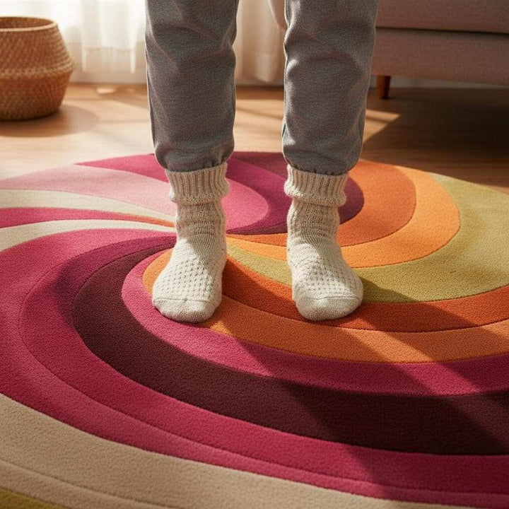 Translation missing: es.Boho round rug with layered swirl design in pink, fuchsia and orange — handmade wool area rug photographed in a loft with wood floors