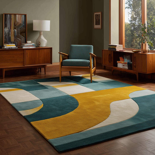 Translation missing: en.Hand-tufted wool rug with modern abstract geometric teal and mustard design