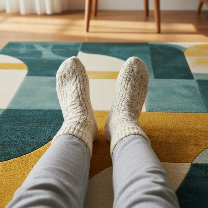 Translation missing: en.Minimalist bedroom featuring abstract wool tufted rug under bed for cozy modern floor décor