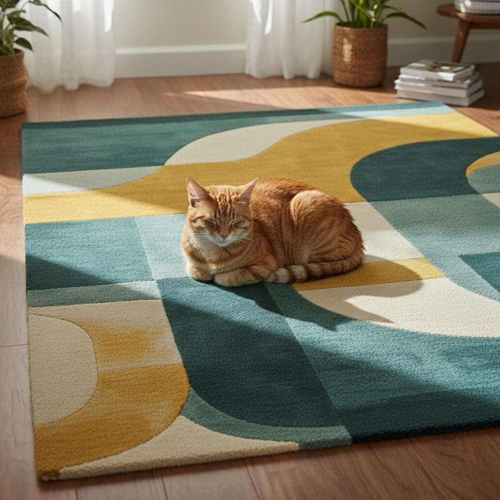 Translation missing: en.Modern geometric tufted rug styled with mid-century furniture for cohesive interior décor