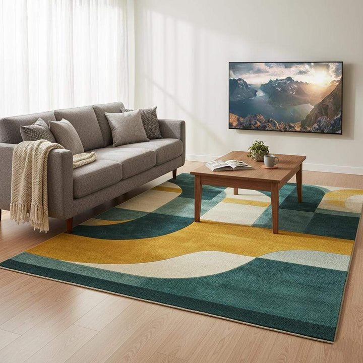 Translation missing: en.Hand-Tufted Wool Rug: Modern Abstract Geometric Teal &amp; Mustard Carpet