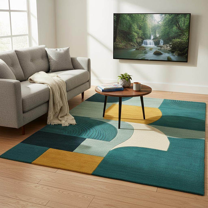 Translation missing: en.Hand-Tufted Wool Rug: Modern Abstract Teal and Mustard Carpet