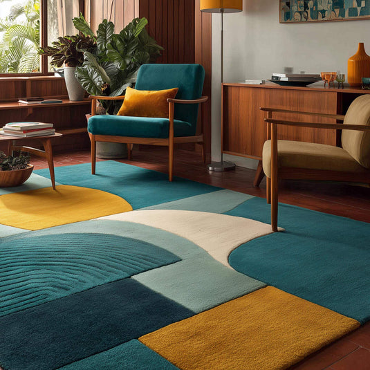 Translation missing: en.Hand-tufted wool rug with modern abstract teal and mustard geometric design