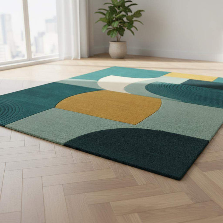 Translation missing: en.Hand-Tufted Wool Rug: Modern Abstract Teal and Mustard Carpet