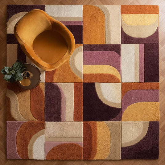 Translation missing: en.Hand-tufted wool rug with geometric mid-century design in mustard, terracotta, and plum colors