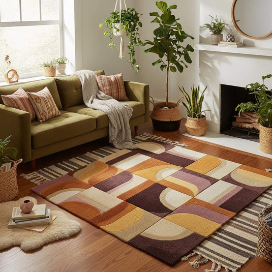 Translation missing: en.Hand-tufted Geometric Wool Rug — Mid-Century Modern Abstract Area Rug, Mustard Terracotta Plum, 5x7 6x9 7x10, Living Room Statement Decor