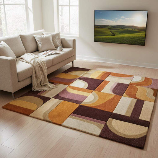 Translation missing: en.Hand-tufted Geometric Wool Rug — Mid-Century Modern Abstract Area Rug, Mustard Terracotta Plum, 5x7 6x9 7x10, Living Room Statement Decor
