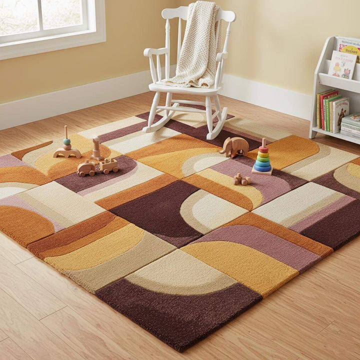 Translation missing: en.Hand-tufted Geometric Wool Rug — Mid-Century Modern Abstract Area Rug, Mustard Terracotta Plum, 5x7 6x9 7x10, Living Room Statement Decor