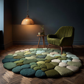 Translation missing: fr.Hand-tufted pebble rug in layered green tones with thick texture and round shape for cozy boho living spaces