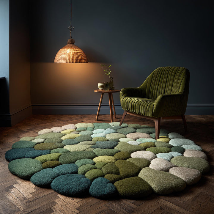 Translation missing: en.Hand-tufted pebble rug in layered green tones with thick texture and round shape for cozy boho living spaces