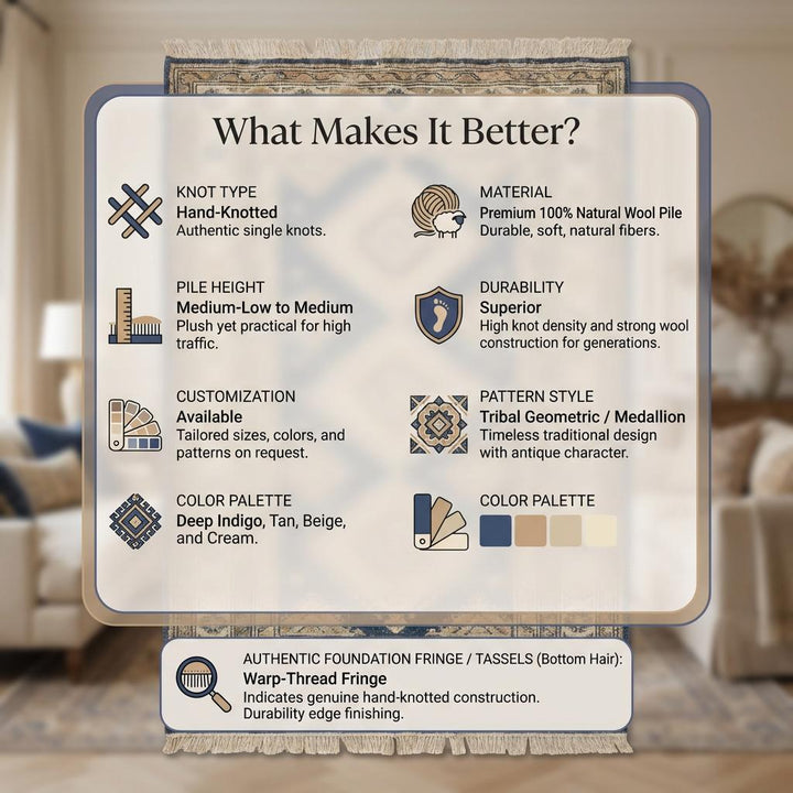 Translation missing: en.Hand Knotted Blue Geometric Wool Area Rug for Living Room
