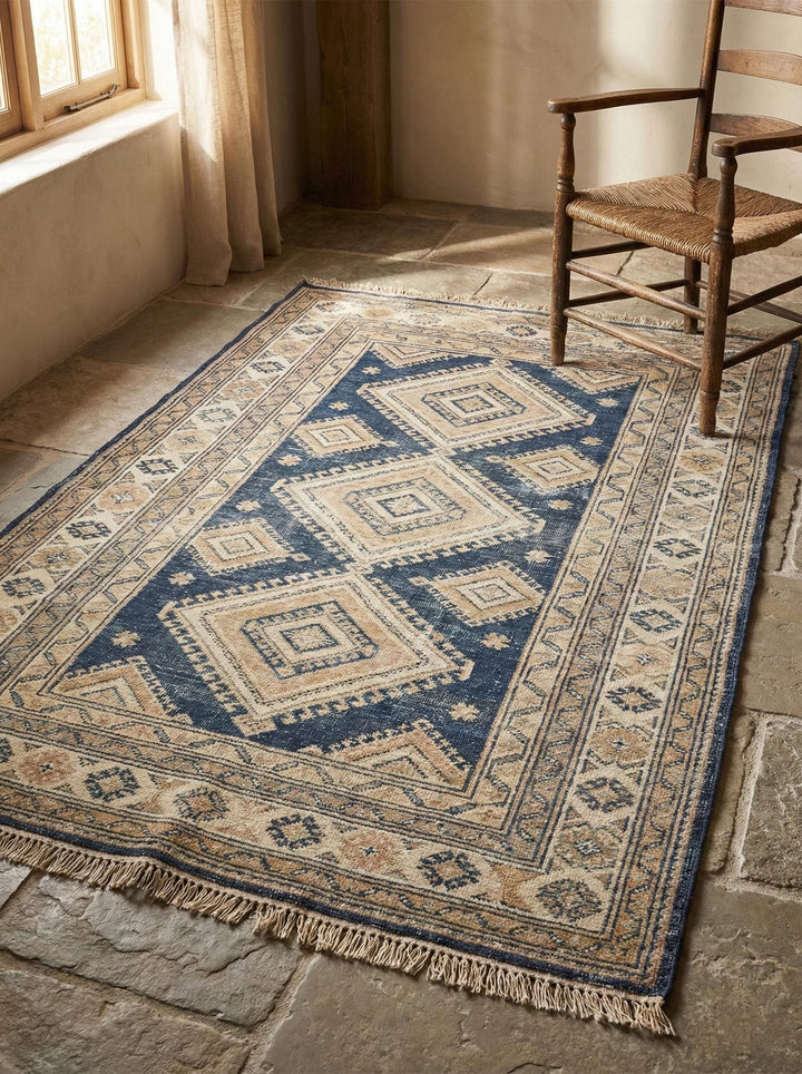 Translation missing: en.Hand knotted blue geometric wool rug with diamond pattern and natural fringe for living room