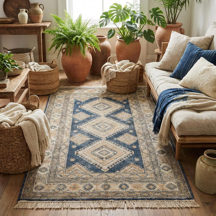Translation missing: en.Handmade wool area rug with tribal geometric design in muted blue and beige tones