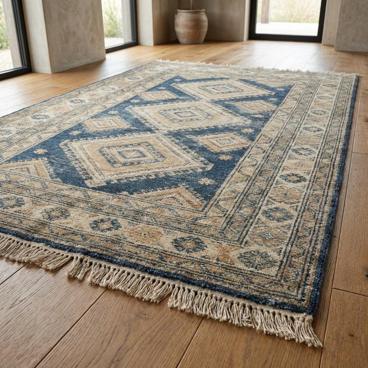 Translation missing: en.Hand Knotted Blue Geometric Wool Area Rug for Living Room