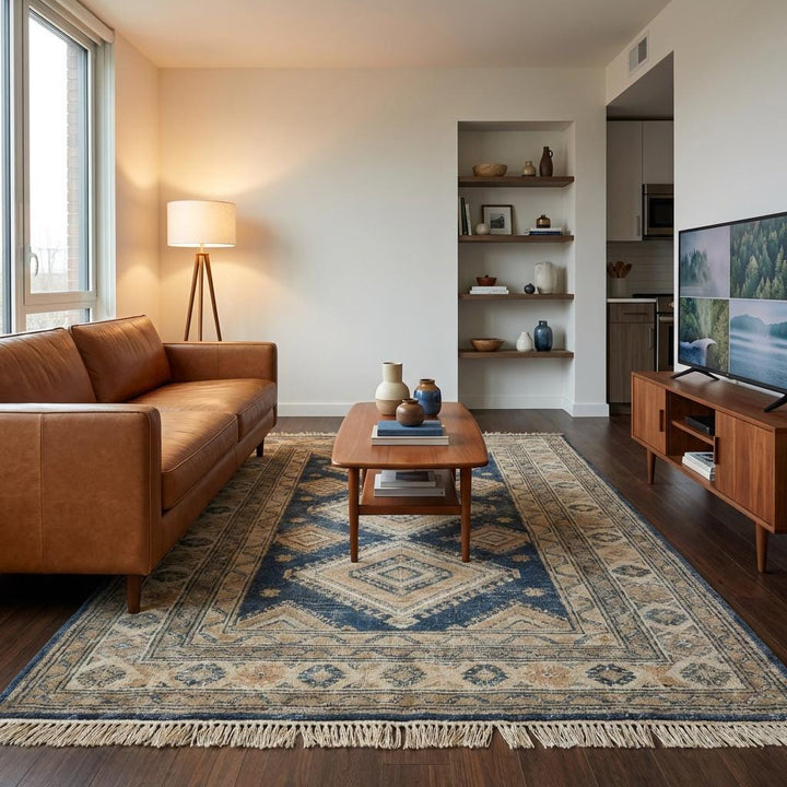 Translation missing: en.Hand Knotted Blue Geometric Wool Area Rug for Living Room