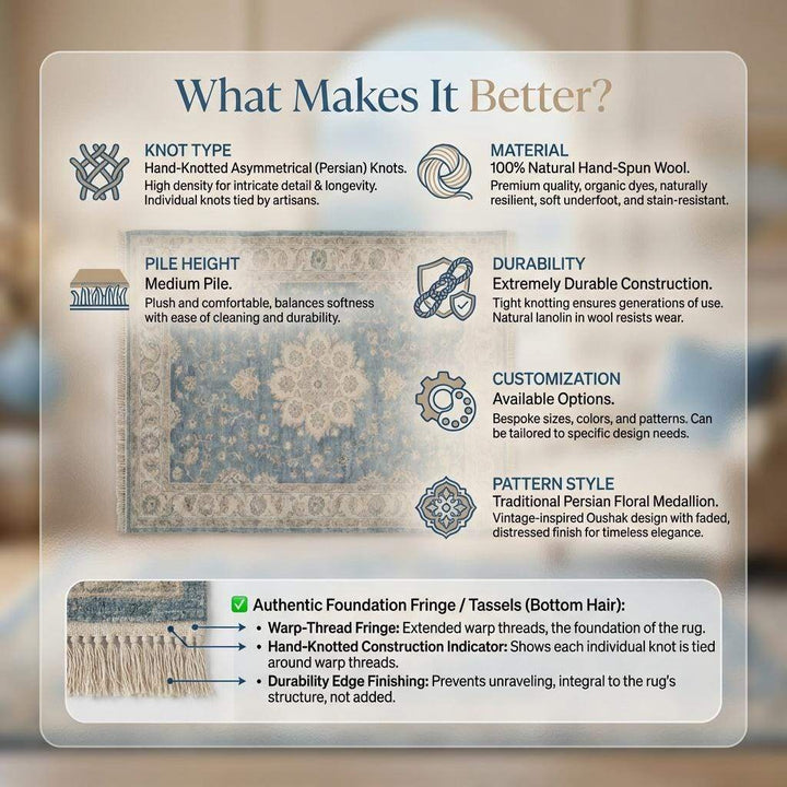 Translation missing: es.Hand Knotted Blue Oushak Wool Area Rug for Living Room