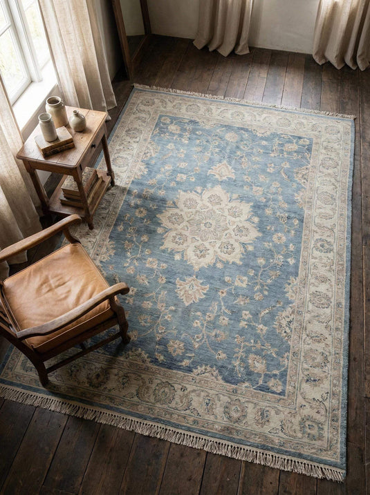 Translation missing: en.Hand knotted blue Oushak wool area rug with traditional design for living room decor