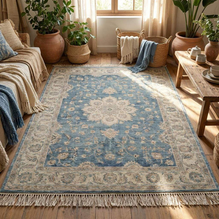 Translation missing: es.Traditional Oushak rug with central medallion in dusty blue and ivory tones